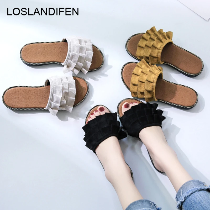

New Women's Summer Slippers Fashion Ruffles PU Leather Flat Beach Slippers Flip Flops Non-slip Female Slippers Sandals 7N0249