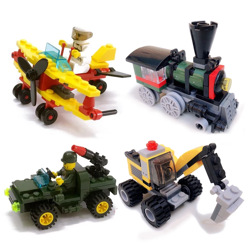 

4 Kinds Original Mini Transportation DIY Block Car Building Compatible legoing Duplo City Soliders Police Bricks figure toys