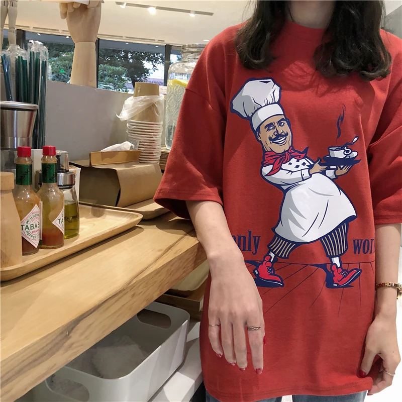 

Round Neck Chef Printed Loose Short Sleeve T-shirt Women's Tshirts Ulzzang Chic Kawaii Girl Female Cute Harajuku Tunic For Women