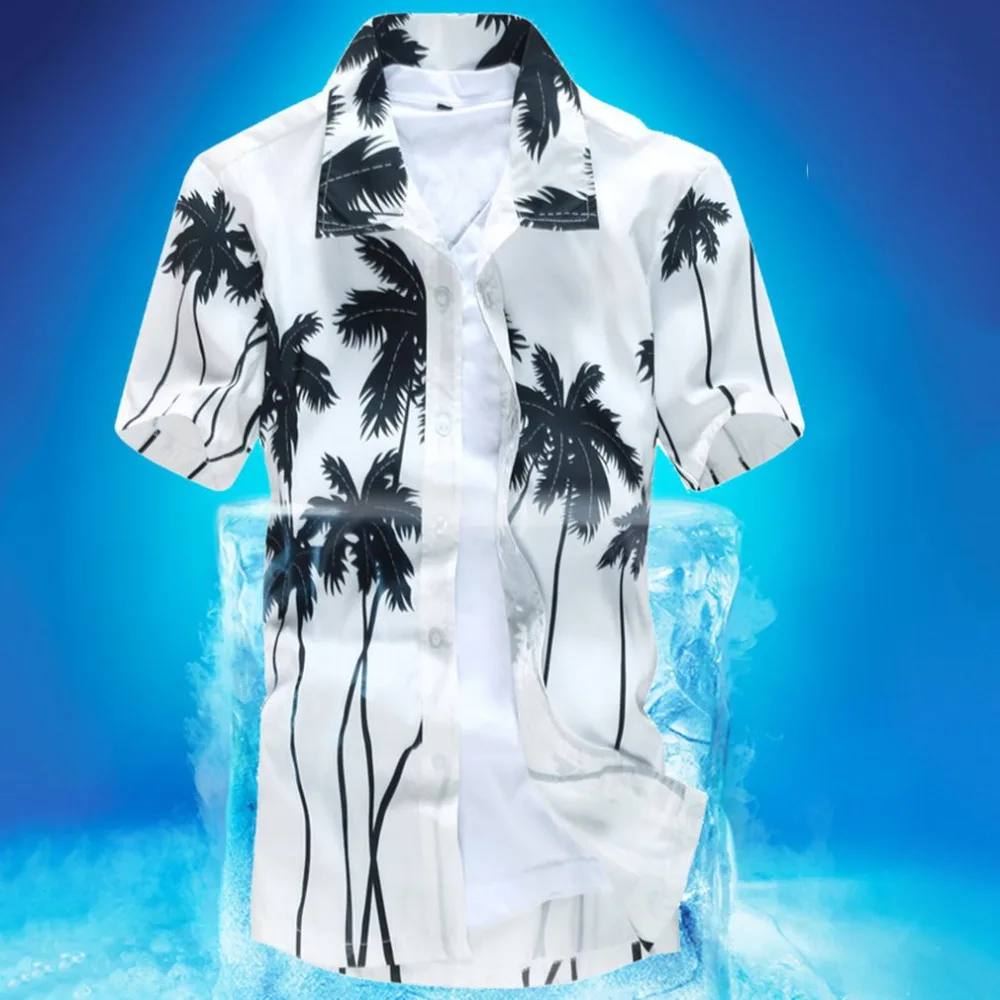 Лето 2018 Для мужчин пляж рубашка короткий рукав Цветочный принт Гавайский Стиль Повседневное пляжная рубашка быстросохнущая большой