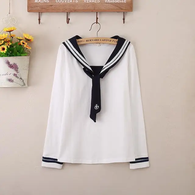 FTLZZ Women New Japanese Style T shirt Long Sleeve Sailor Collar Stripe
