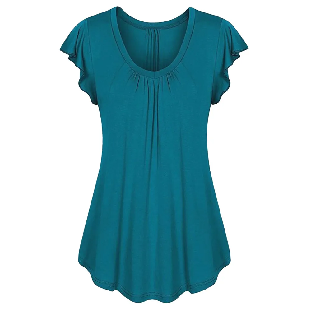 7 цветов размера плюс S-6XL Женская одноцветная рубашка со складками с рюшами и круглым вырезом с коротким рукавом