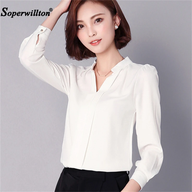 Señoras Top Invierno Larga De black Gasa Kawaii Para Las cuello Ropa red White Sólido Manga Blusa V B63 pink blue 2018 Mujeres Blusas Otoño qZXATwO