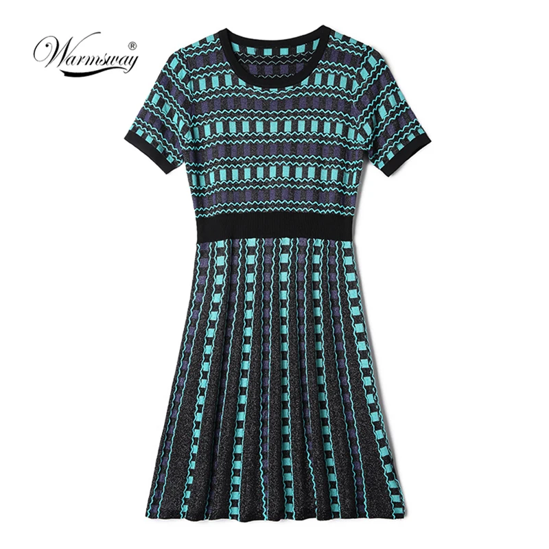 

Summer 2019 New Fashion Women Casual Knit Mini Dresses Ladies Lurex Patchwork Contrast Color Plaid Short Sleeve Dress C-094