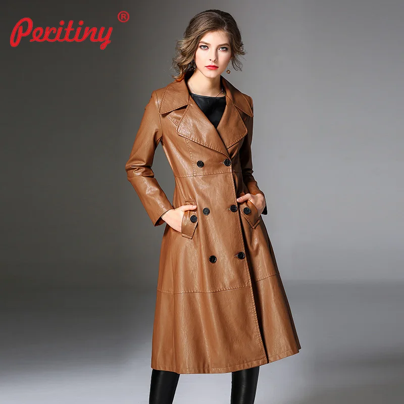 Koop Peritiny Vrouwen Jassen Herfst Winter Top Kwaliteit Fashion Brand Double Breasted PU Faux Lederen Trenchcoat voor Vrouwen Bovenkleding