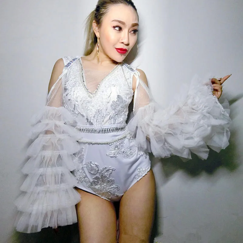 Ночной клуб певица Джаз современные танцевальные сценические костюмы белое кружевное сексуальное боди с точки зрения Костюмы вечерние DJ DS