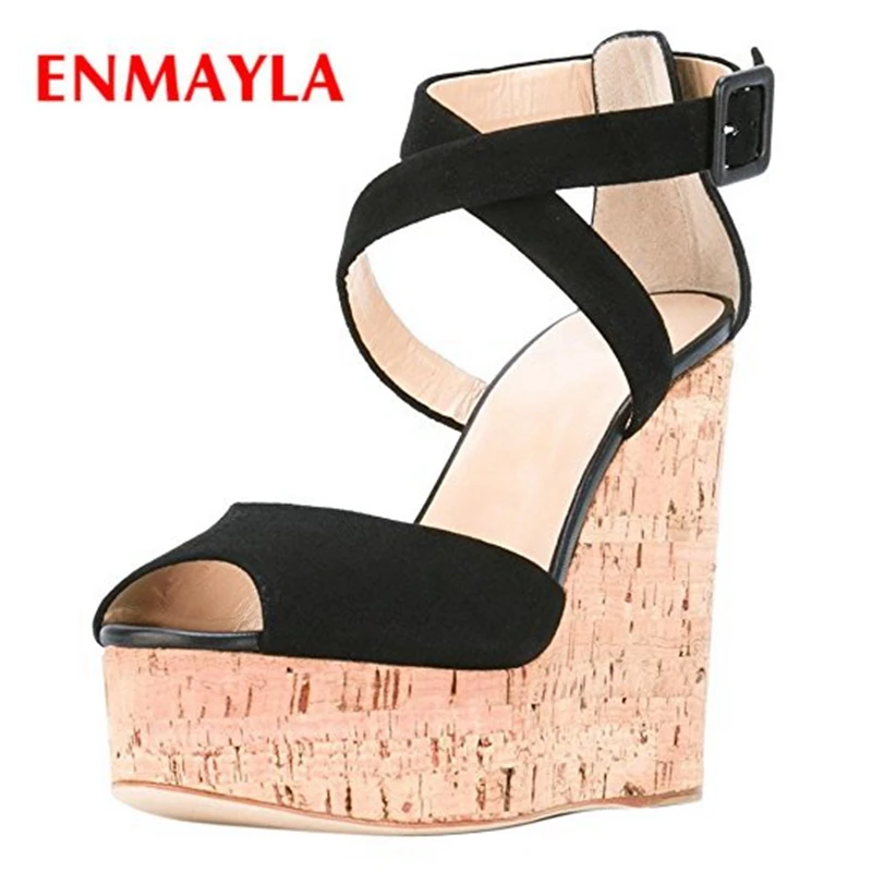 

ENMAYER Buckle Strap Basic PU Wedges Shoes for Women Stripper Heels Sandalias De Mujer Verano 2018 Big Size 34-41 ZYL1953