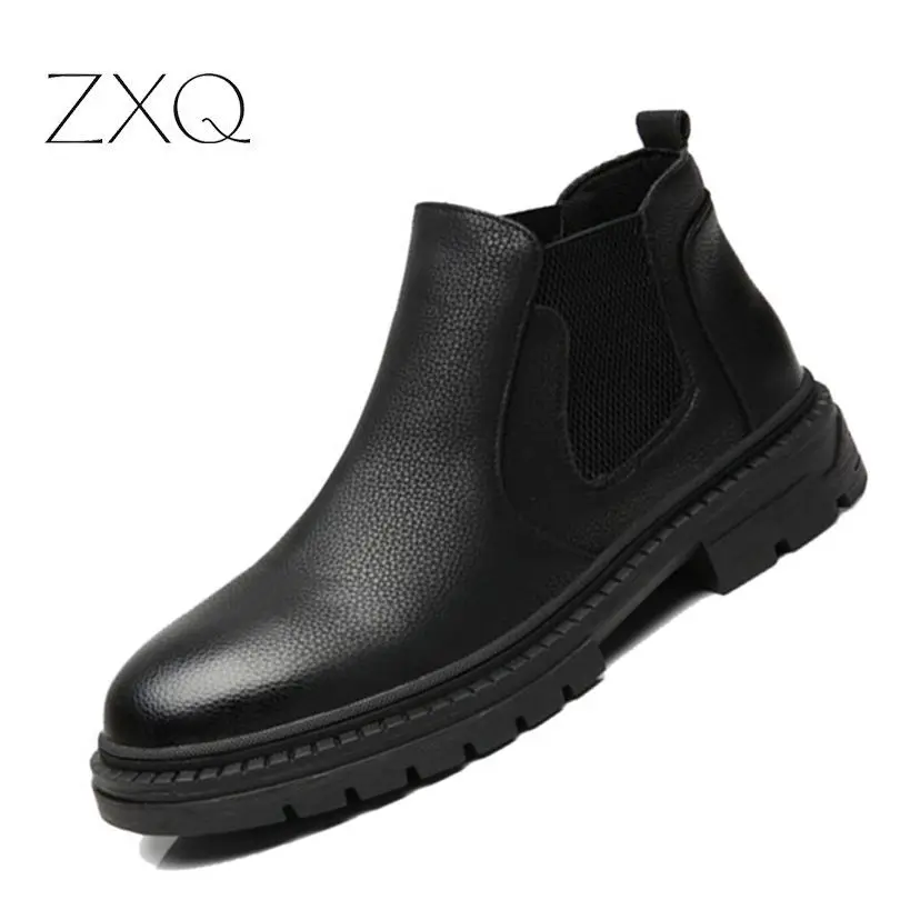 

Autumn Winter Men Martin Boots Slip-On Pointed Toe Chelsea Boots PU Leather Rubber Sole Ankle Boots Male Shoes