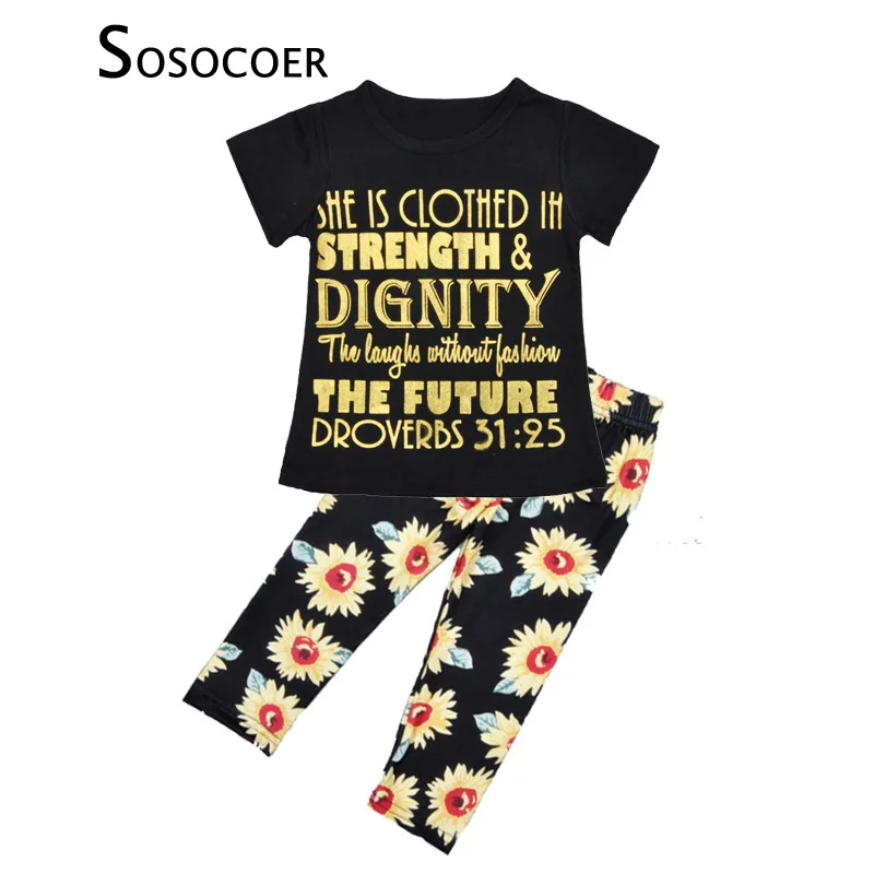 Sosocoer малышей комплекты одежды для девочек летние цветы Костюмы Набор для Обувь для девочек черные футболки с надписями + подсолнечное