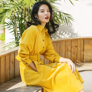 

Corduroy dresses female fashion temperament of restoring ancient ways the new spring 2019 yellow blue long-sleeved shirt dress