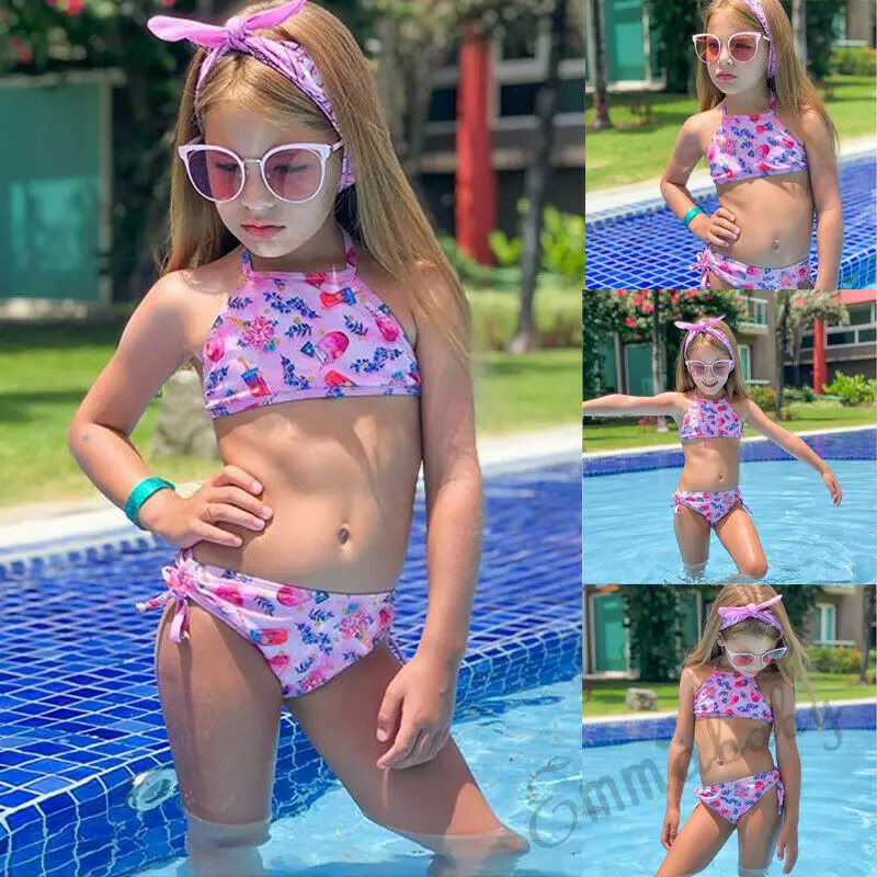 

2019 New 2PCS Teen Toddler Baby Girl Child Swimwear Strap Print Swimsuit+Shorts Bikini Set Holiday Beachwear Clothes 2-7Years