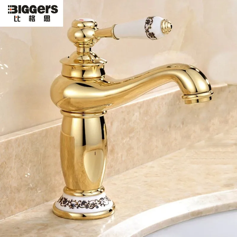 

Free shipping,Luxury European design copper bathroom basin faucet gold plated single handle basin mixers taps