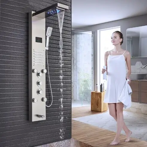 

Rain Shower Set LED Brushed Nickel Rain Waterfall Shower Panel Tower Rain Massage System Jets