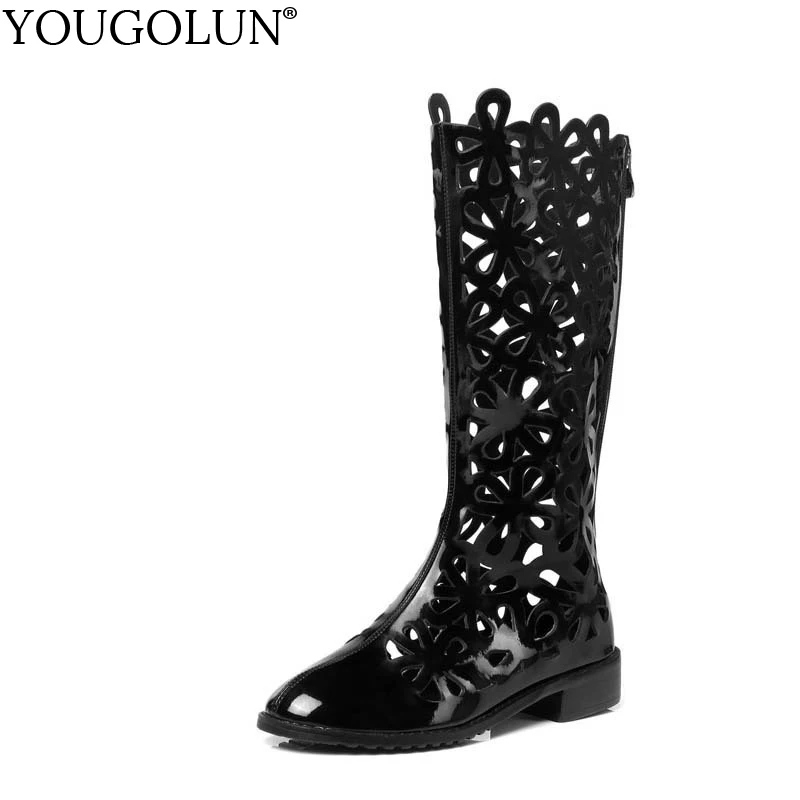 

YOUGOLUN Women Summer Boots Knee High Microfiber Hollow Sexy Lady Low Square Heels Elegant Woman Black Pointed toe Shoes #A-074