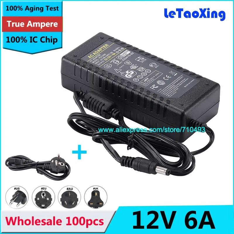 100 шт. с чипом IC AC DC 12V 6A адаптер питания для 5050 3528 светодиодной жесткой полосы
