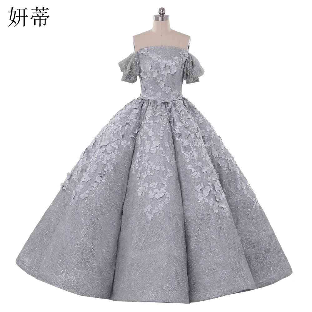 

Elegant Glitter Princess Applique Evening Prom Dress Strapless Cap Sleeve Bandage Puffy Ruffle Formal Ball Gown Silver
