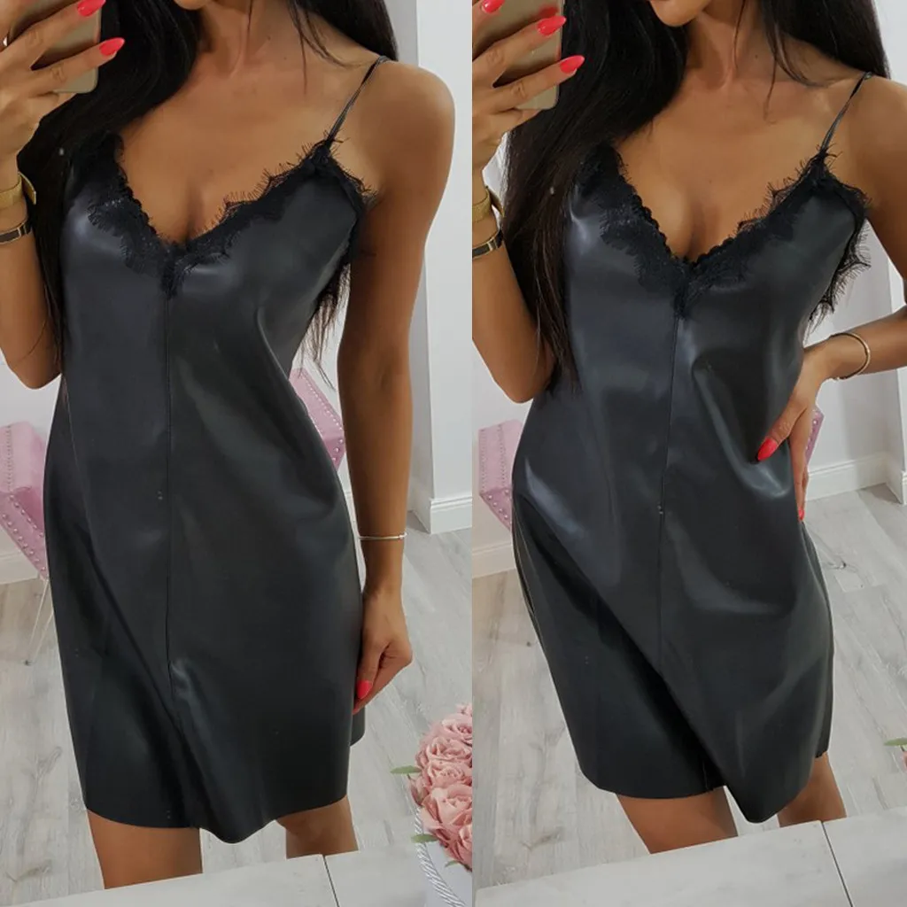 

2019 new Summer new women's simple sexy V-neck sleeveless solid color leather mini dress Free express 3.13