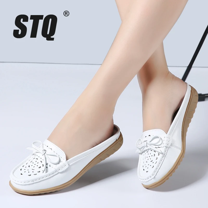 

STQ 2019 Summer women ballet flats cow leather flat sandals shoes ballet slippers slip on hollow Butterfly-knot Slippers 710