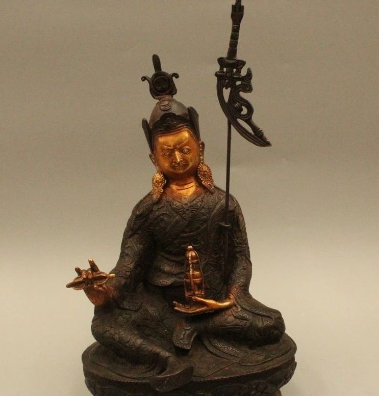 

14"China Chinese Tibet Buddhism Folk Bronze Gild Padmasambhava Buddha Statue