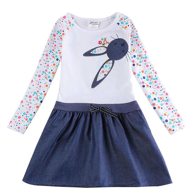 Платье с длинными рукавами для девочек, весенне-осеннее хлопковое платье с вышивкой белого кролика для девочек, джинсовое платье с подолом, H5922