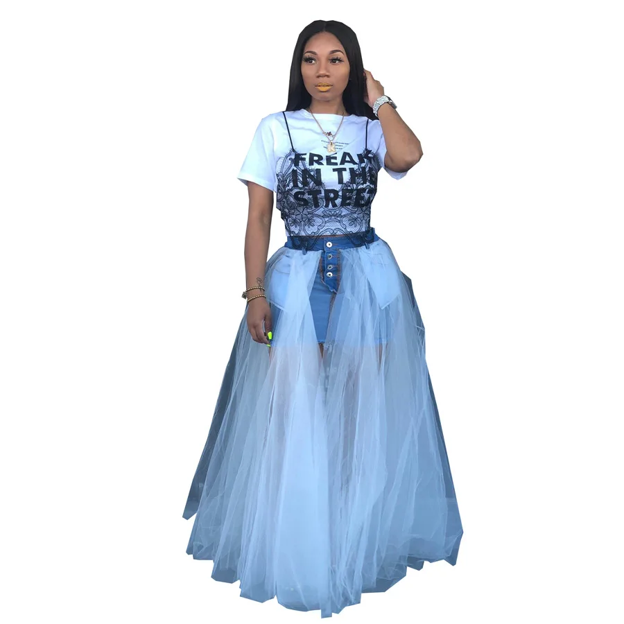 

Newest Fashion Design Denim Mesh Patchwork Women Skirts A line Floor Length High Waist Casual Streetwear Skirt