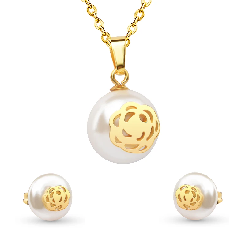 

Valentines Gift Imitation Pearl Pendant Necklace Gold Color Wedding Jewelry Sets Stainless Steel Flower Stud Earring