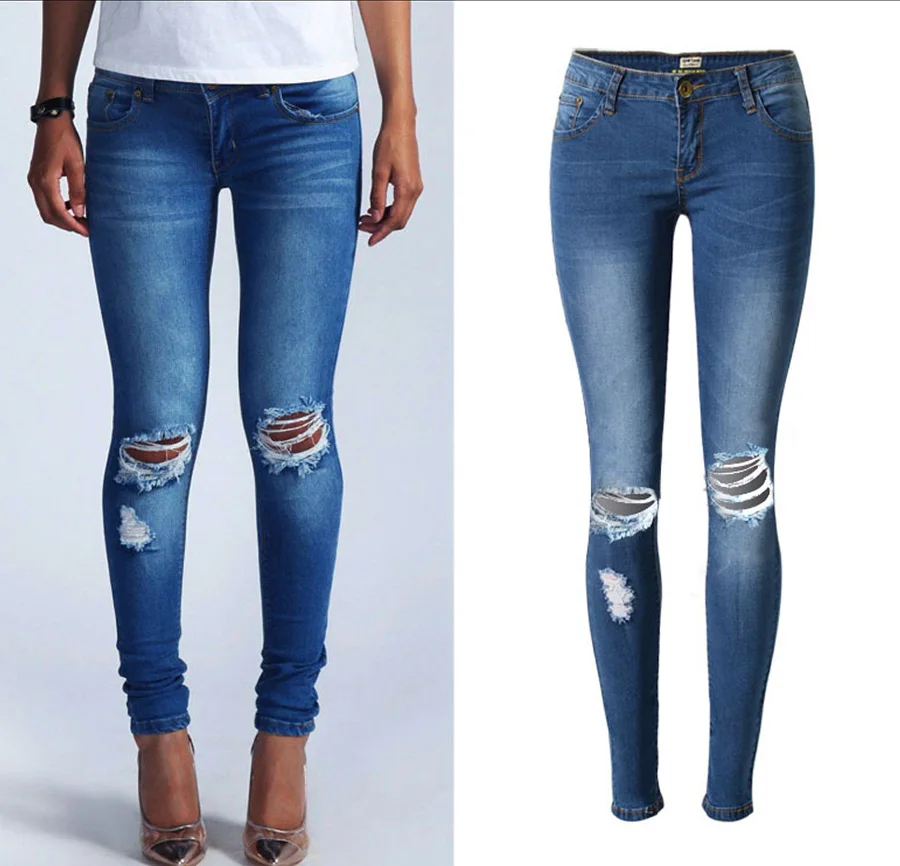 2016 New Arrival Women Sexy Long Section Low Waist High Elastic Denim Pants Women Fashion Hole