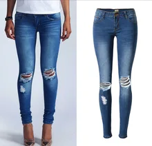 2016 New Arrival Women Sexy Long Section Low Waist High Elastic Denim Pants Women Fashion Hole