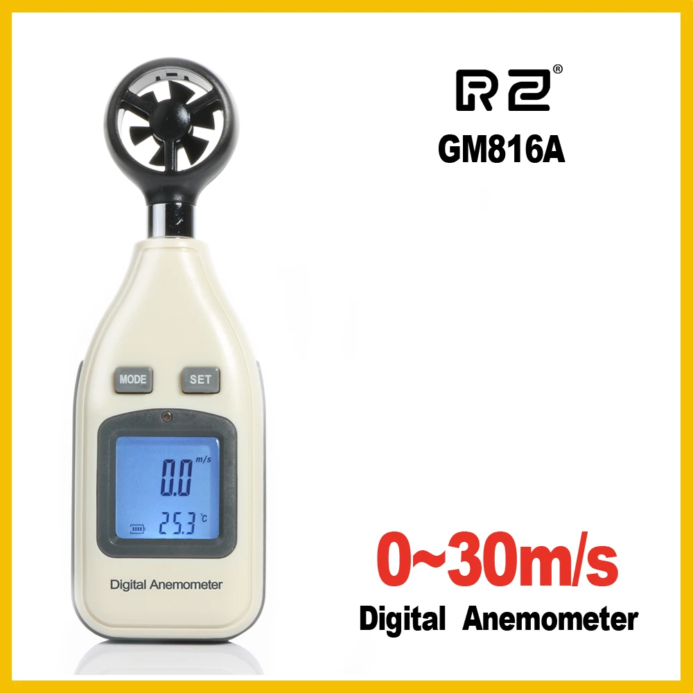 RZ GM816A LCD Digital Hand-held Wind Speed Gauge Meter Measure Anemometer Thermometer 30m/s (65MPH) Speed Measuring Instrument