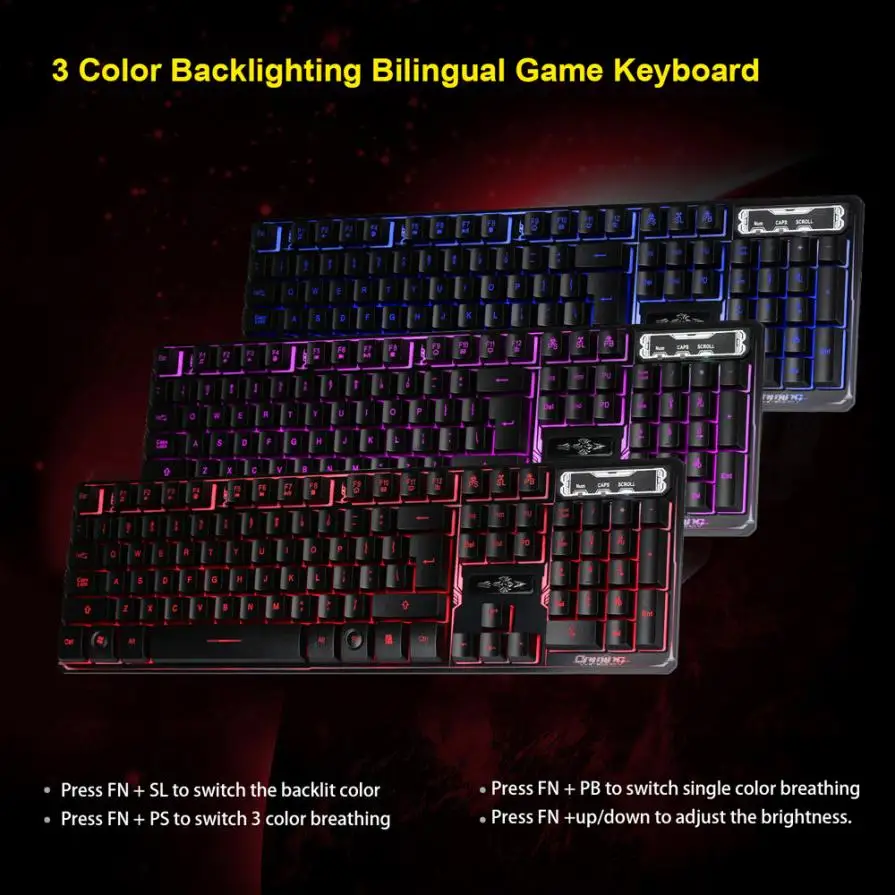 

2017 Top sale New fashion 3 Colors Crack Illuminated LED Backlight USB Wired Multimedia PC Gaming Keyboard for LOL DOTA CF NICE