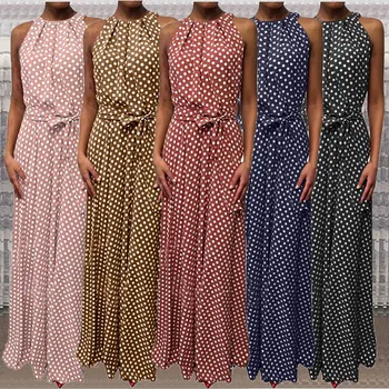 

Women Dress Fashion Casual Summer Dot Printed Sleeveless Beach Dress Sundress Female Maxi Long Dress Vestidos M40#