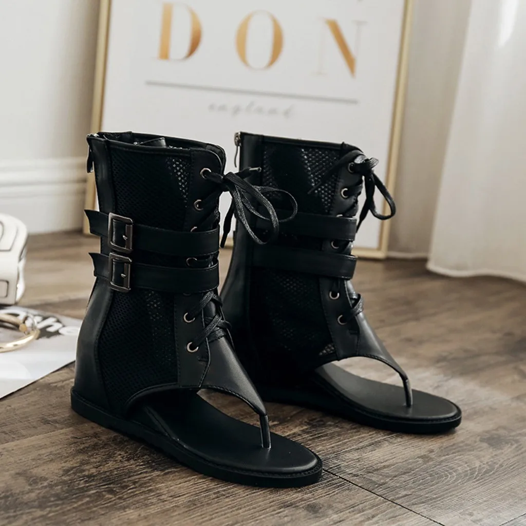 

Rome Women Open Toe Boots High Sandals Black Buckle Summer Cool Thong Shoes