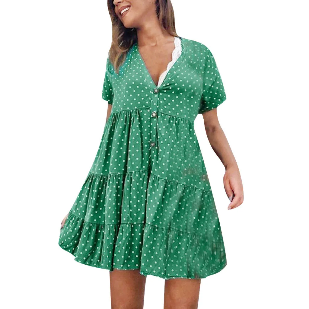 

Printed Polka Dot Summer Dress 2019 Bows V Neck Short Sleeve Bohemian Boho Beach Dresses Ladies Casual Mini Sundress