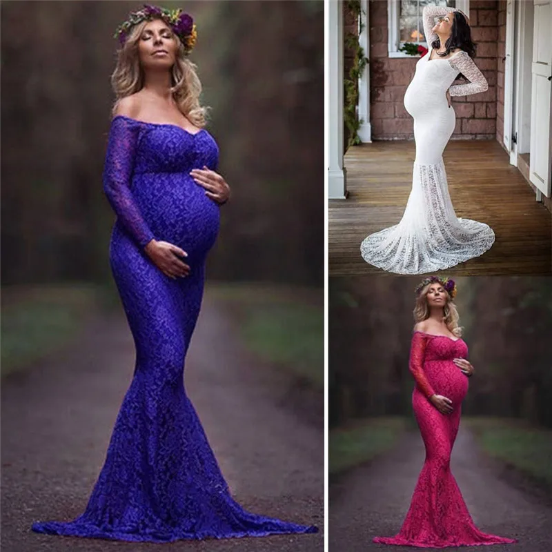

Fashion Mother Maternity Dress for Photo Shoot Maxi Maternity Gown Shoulderless Lace Sexy Women Maternity Photography Props