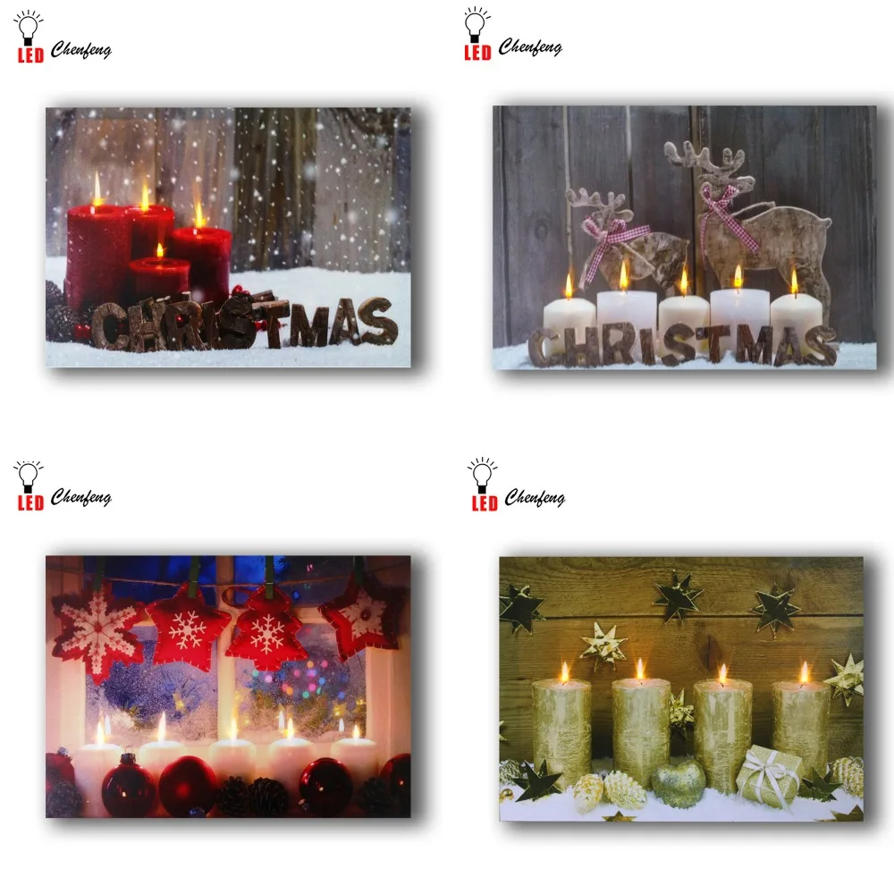 

Led wall decor christmas candles with snow picture canvas art light up painting framework posters and prints home decoration