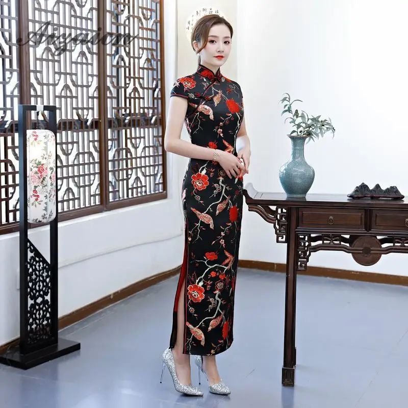 Восточный стиль ретро длинный Cheongsam черный Chinoise тонкий Qi Pao для женщин Китайская традиционная одежда платье Ципао Женская Роба в восточном