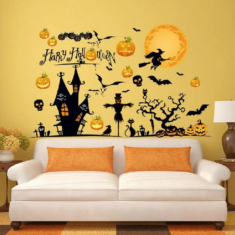 halloween home decor removable wall stickersdecaldecoration pumpkin bat witch novelty toy happy halloween day free shipping