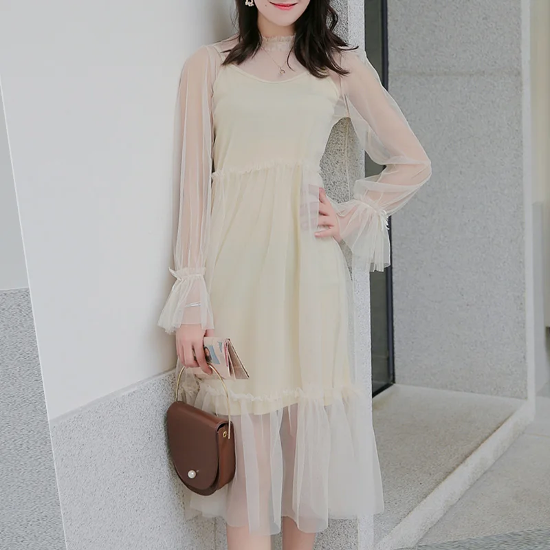 

Women race dress 2019 spring summer female vintage sexy elegant a-line mesh dress long sleeve casual office lady party dress