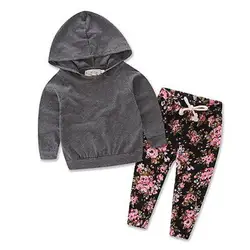 2016 осенняя одежда для новорожденных девочек, серый топ с капюшоном, верхняя одежда + штаны с цветочным принтом, комплект одежды