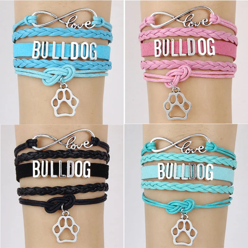 Прямая Бесконечная любовь браслет с бульдогом подарок для животных пород подвеска собачья лапа браслеты и браслет кожа ювелирные изделия ручной работы