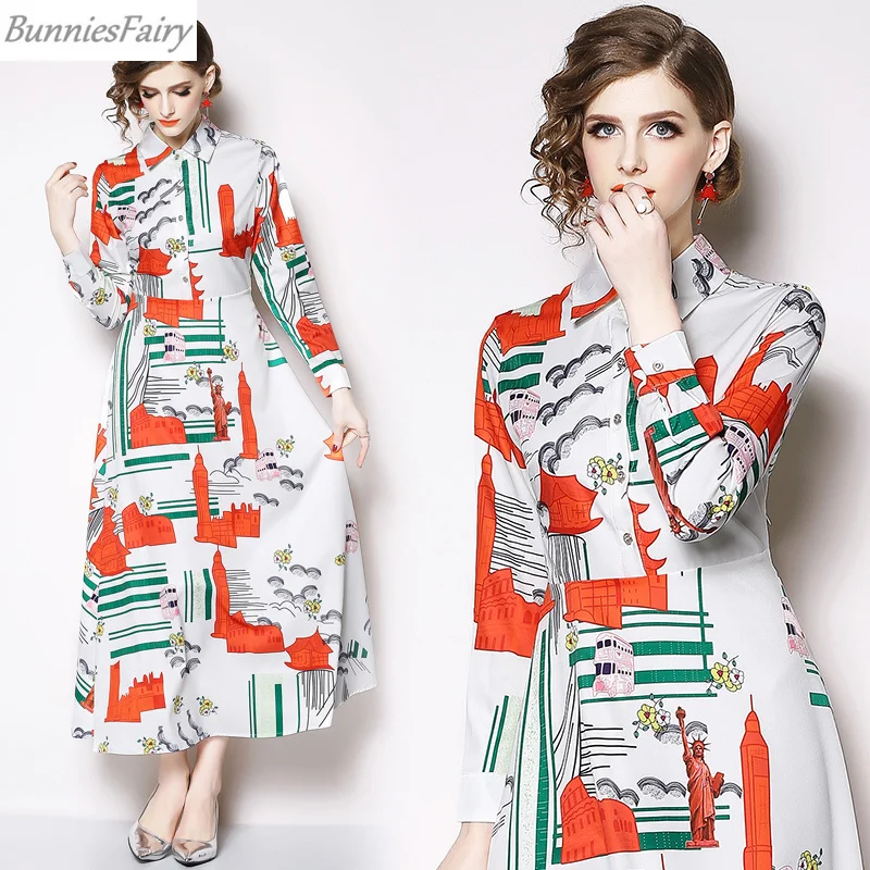 

BunniesFairy 2019 Spring Women American Vintage Statue Liberty Abstract Building Floral Print High Waist Shirt Maxi Dress Verano