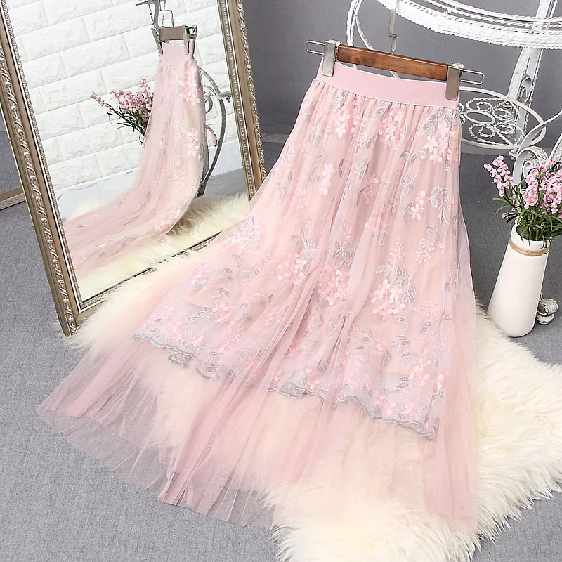 

KEQI Women's Girls Skirts Summer New 2018 Boutique Embroidery Long Section Skirt High Elastic Waist Gauze Pleated Skirt Beach