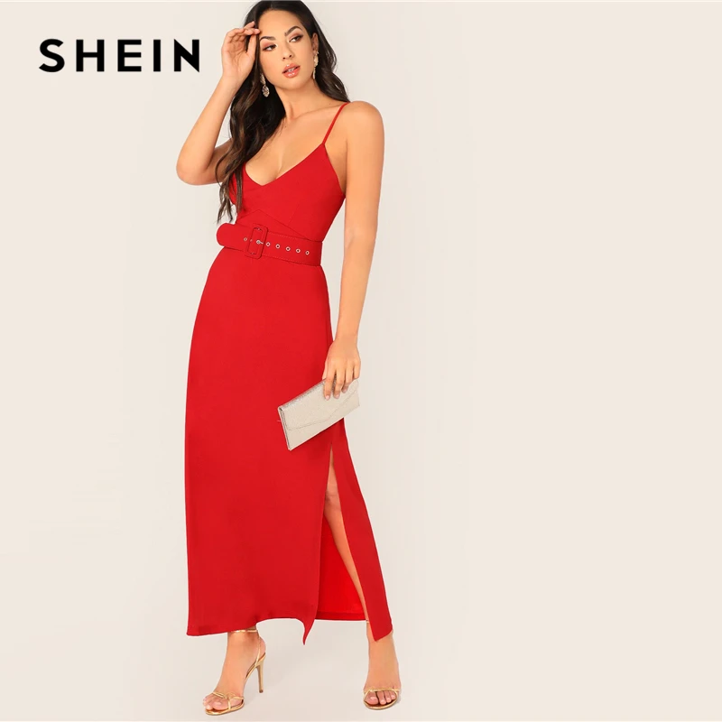 

SHEIN Split Side Buckle Belted Slip Dress Red Bright Belted Maxi Spaghetti Strap Summer Slim Women Glamorous Sleeveless Dress