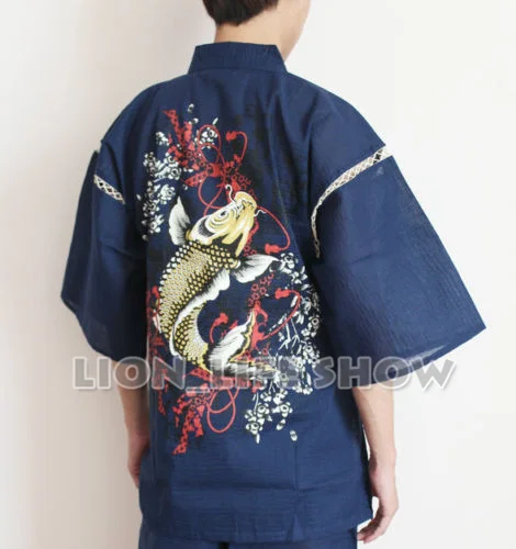 summer Men Japanese Jinbei Kimono Carp Short Sleeve Pants Sleepwear Pajama Homewear