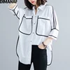 DIMANAF Plus Size Women Blouse Shirts Summer Office Lady Tops Tunic Big Size Cotton Loose Casual Spliced Female Clothes 2022 NEW ► Photo 3/6