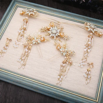 

new Chinese pearl hair stick combs suit Golden Crystal Bride's costume wedding hair accessories