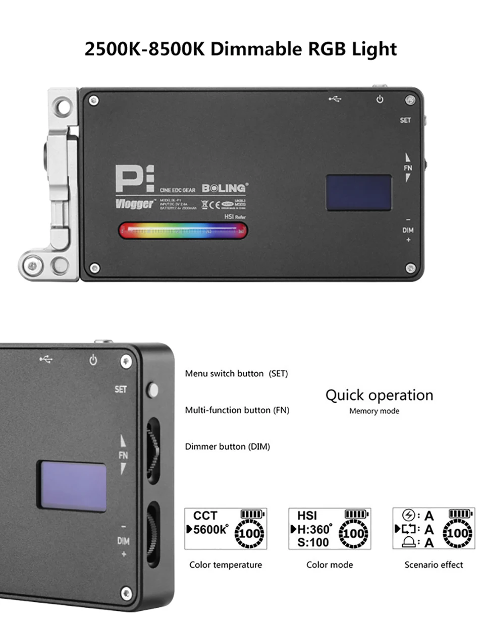 Boling BL-P1 RGB Полноцветный Светодиодный светильник для видеосъемки светильник ing 2500 K-8500 K с регулируемой яркостью для камеры Canon Nikon sony DSLR