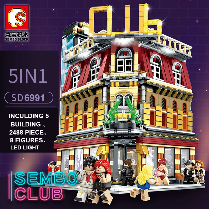 

Sembo MOC City StreetView 5in1 Nightclub Bar Resort Hotel Compatible Legoing Building Blocks Bricks Streetscape With LED Light