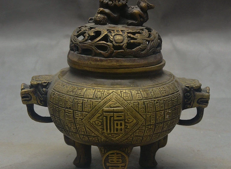 

7" China FengShui Bronze 100 Words Fu Lucky Dragon Phoenix Lion Incense Burner