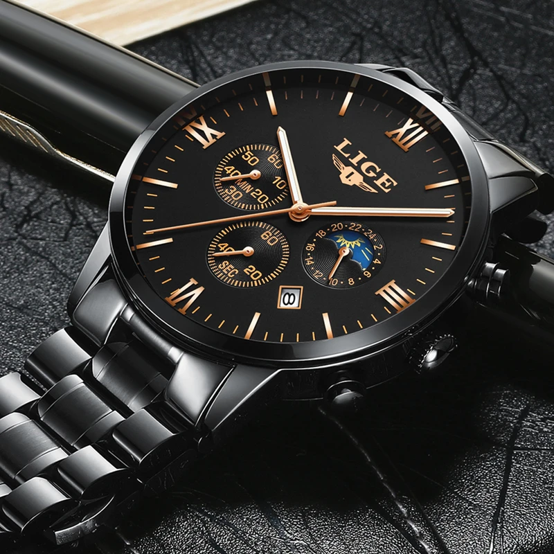 

LIGE Mens Watches Top Brand Luxury Waterproof 24 hour Date Quartz Watch Man Full Steel Sports Wrist Watch Men Waterproof Clock